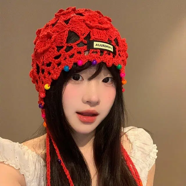尚先生 波西米亚花朵流苏复古镂空民族风 针织 绒线帽 女款