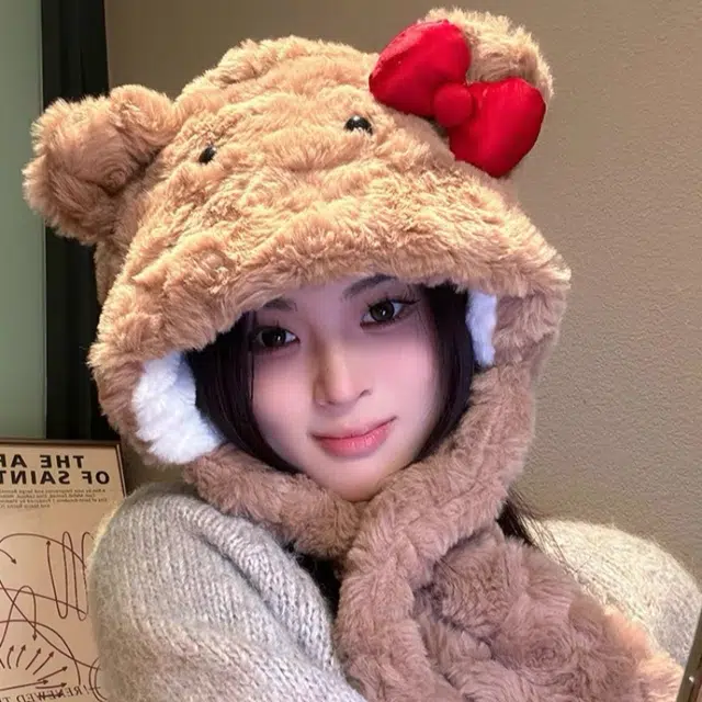 尚先生 蝴蝶结帽子加绒加厚围巾帽子一体式防风保暖围脖 毛绒 绒线帽 女款
