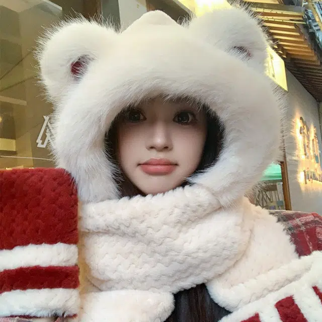 尚先生 冬季可爱小熊一体三件套骑行防寒护耳保暖神器 皮绒 斗篷帽 女款 红色