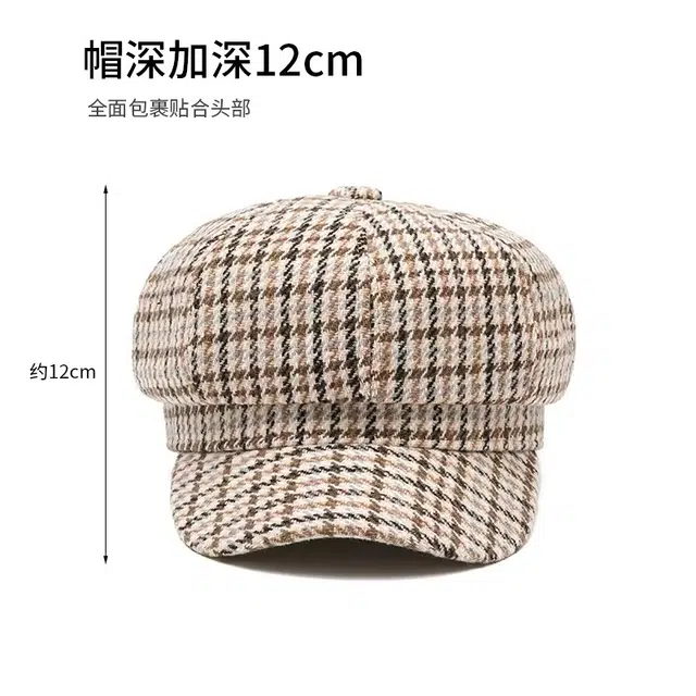 尚先生 秋冬贝雷帽韩版千鸟格保暖八角文艺英伦风 棉涤 鸭舌帽 女款
