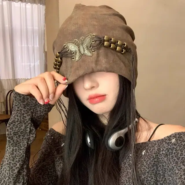 尚先生 扎染流苏串珠复古小众百搭包头大头围显脸小 聚酯纤维 绒线帽 女款