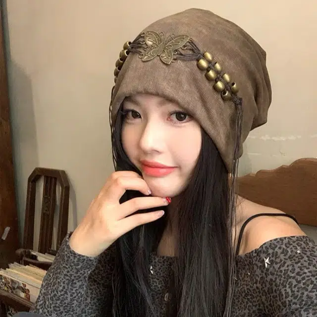 尚先生 扎染流苏串珠复古小众百搭包头大头围显脸小 聚酯纤维 绒线帽 女款