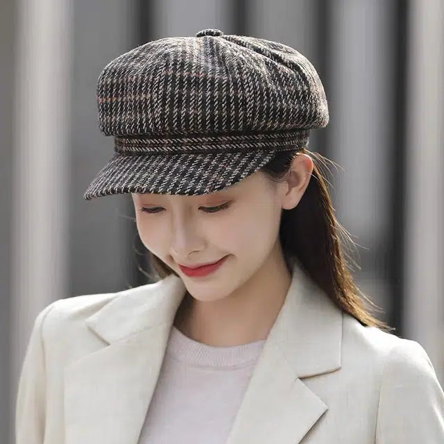 尚先生 秋冬贝雷帽韩版千鸟格保暖八角文艺英伦风 棉涤 鸭舌帽 女款