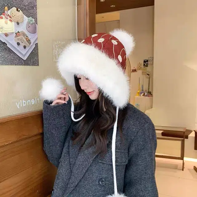尚先生 可爱包头保暖加绒加厚毛球护耳套头 毛绒 绒线帽 女款