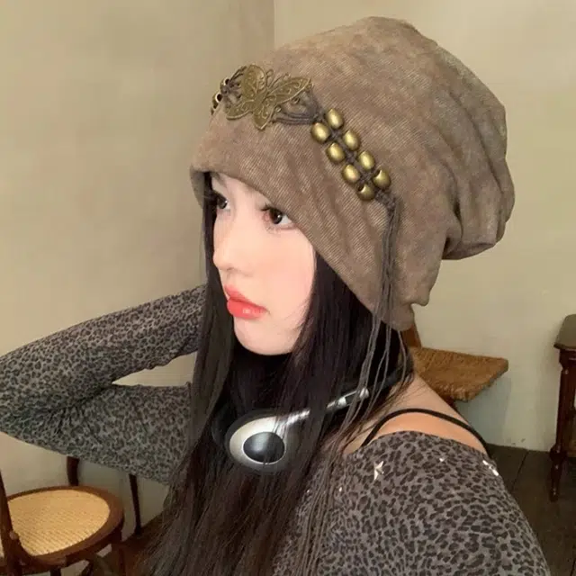 尚先生 扎染流苏串珠复古小众百搭包头大头围显脸小 聚酯纤维 绒线帽 女款