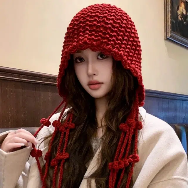 尚先生 日系流苏红色秋冬韩版甜美可爱护耳保暖包头针织帽 毛线 绒线帽 女款
