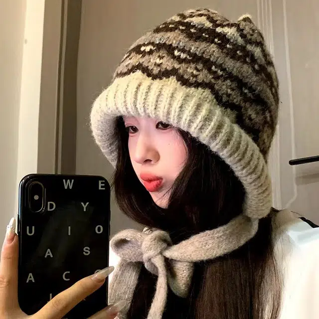 尚先生 费尔岛风针织帽子 款冬季护耳帽包包帽加厚保暖帽 腈纶 绒线帽 女款