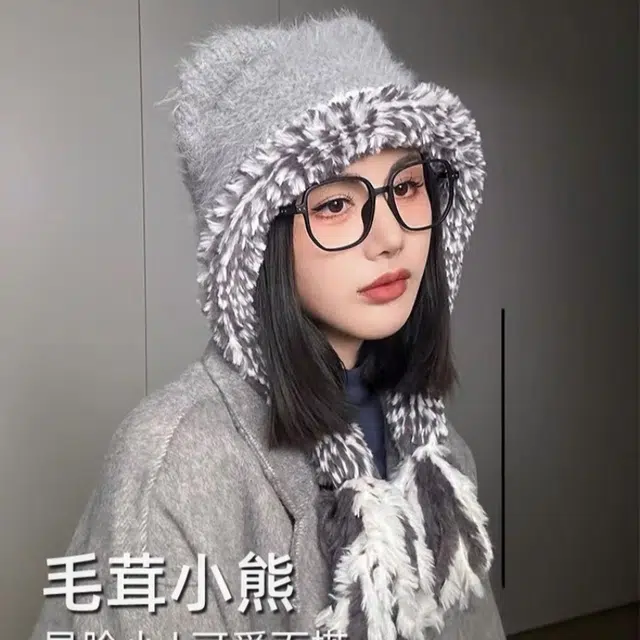 尚先生 韩版毛绒帽子秋冬季加厚保暖护耳帽流苏针织显脸小 聚酯纤维 绒线帽 女款