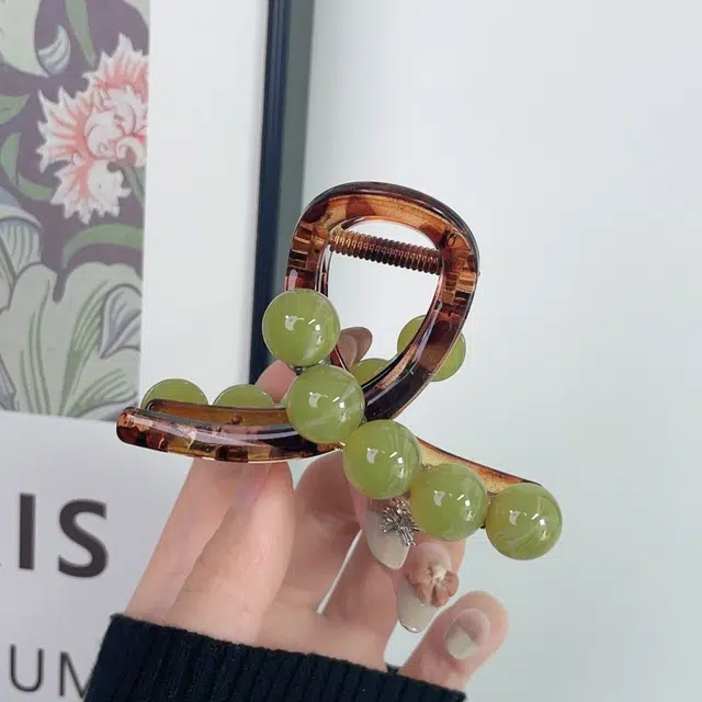 尚先生 设计感透棕色亚克力发抓绿色树脂圆珠抓夹  发卡头饰 发夹 女款
