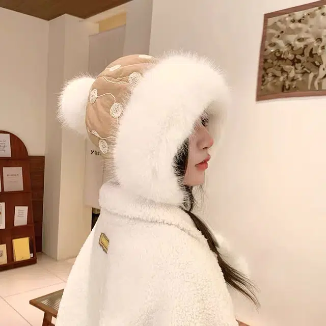 尚先生 可爱包头保暖加绒加厚毛球护耳套头 毛绒 绒线帽 女款