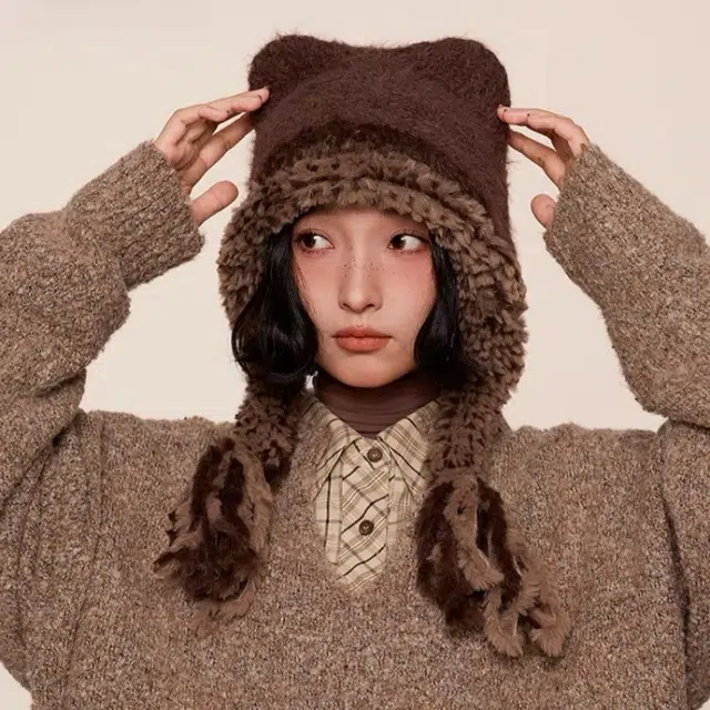 尚先生 韩版毛绒帽子秋冬季加厚保暖护耳帽流苏针织显脸小 聚酯纤维 绒线帽 女款