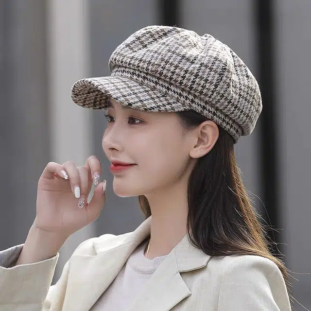 尚先生 秋冬贝雷帽韩版千鸟格保暖八角文艺英伦风 棉涤 鸭舌帽 女款
