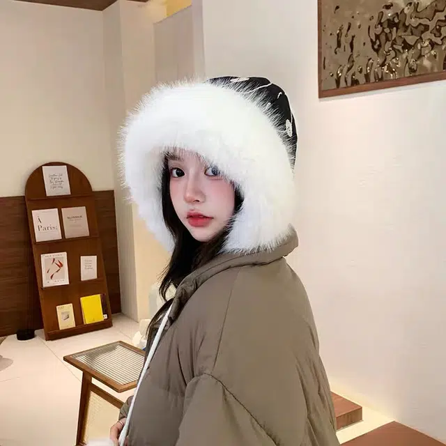 尚先生 可爱包头保暖加绒加厚毛球护耳套头 毛绒 绒线帽 女款