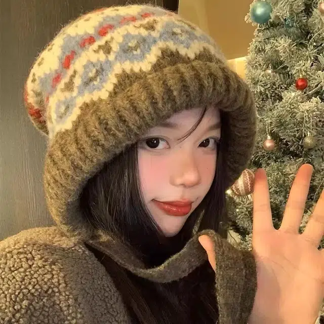 尚先生 费尔岛风针织帽子 款冬季护耳帽包包帽加厚保暖帽 腈纶 绒线帽 女款