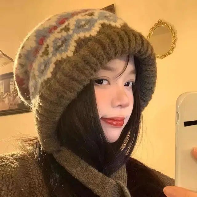 尚先生 费尔岛风针织帽子 款冬季护耳帽包包帽加厚保暖帽 腈纶 绒线帽 女款