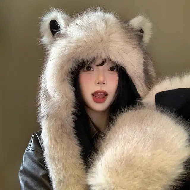 尚先生 狐狸耳朵帽子秋冬保暖防寒三件套 聚酯纤维 绒线帽 女款