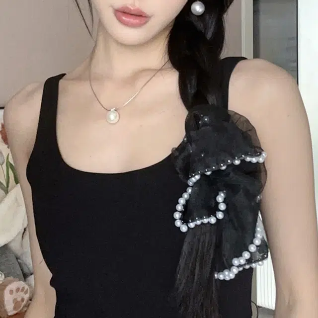 尚先生 气质网纱大肠圈韩版高级感丸子头头花 仿珍珠 发圈 女款 黑色/米色