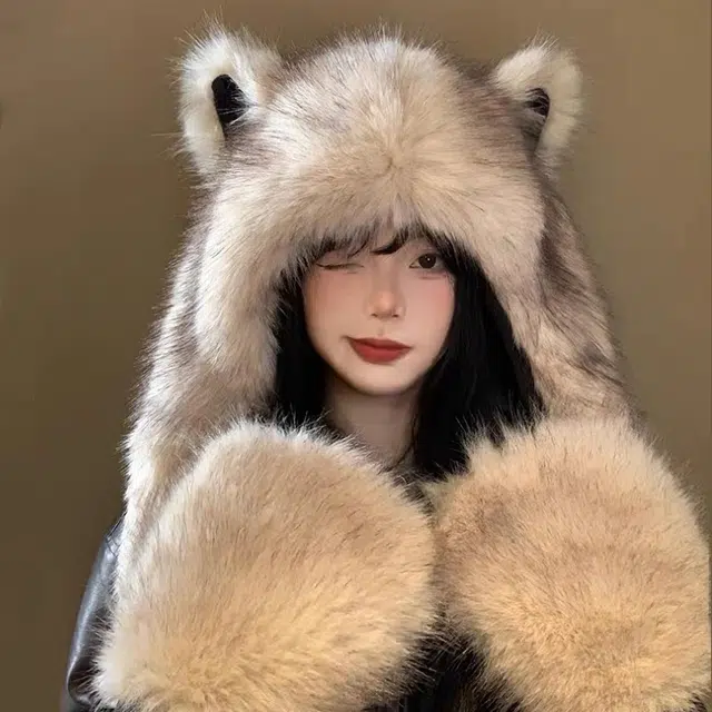 尚先生 狐狸耳朵帽子秋冬保暖防寒三件套 聚酯纤维 绒线帽 女款