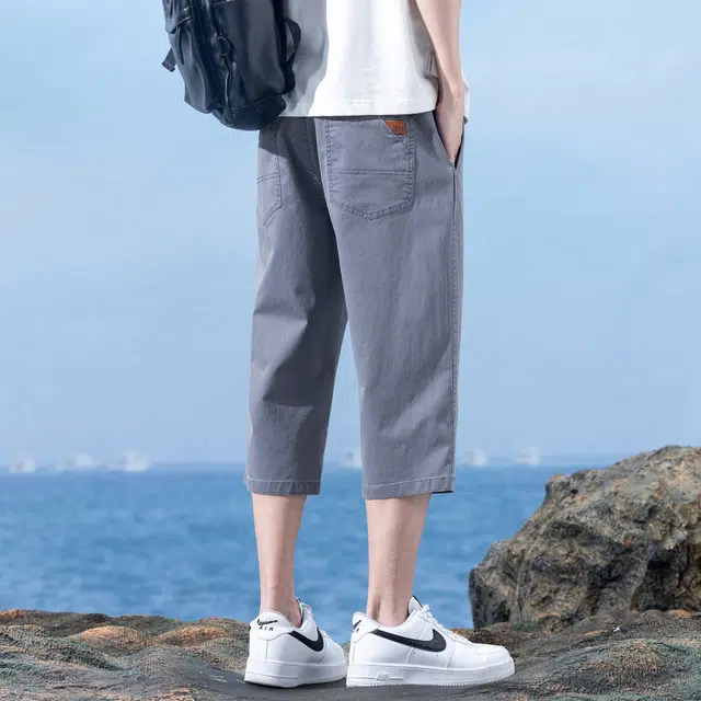 瑞梵帝斯 美式潮牌薄款速干凉感抽绳健身跑步宽松柔软户外运动吸汗透气弹力松紧中腰直筒七分裤休闲短裤 男款