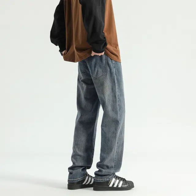 瑞梵帝斯  抗皱水美式高街水洗做旧复古潮流百搭帅气直筒修身中腰显高显瘦通勤垂感休闲柳叶弯刀牛仔裤 男款