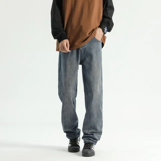瑞梵帝斯  抗皱水美式高街水洗做旧复古潮流百搭帅气直筒修身中腰显高显瘦通勤垂感休闲柳叶弯刀牛仔裤 男款