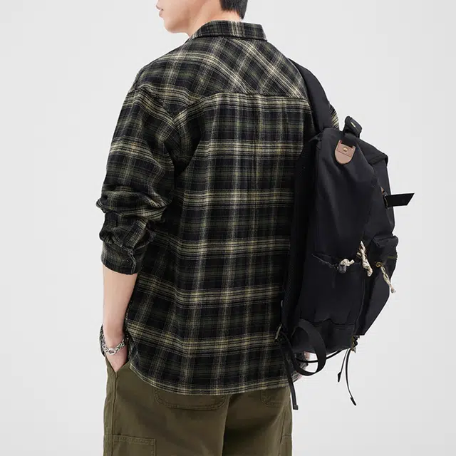 瑞梵帝斯 日系复古宽松休闲亲肤舒适柔软透气时尚百搭耐脏耐磨潮牌重磅水洗纯棉格子设计长袖衬衫 男款