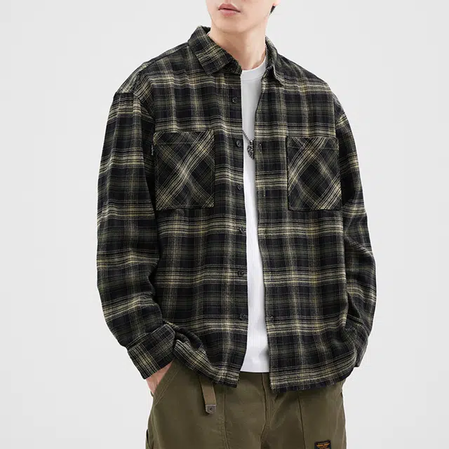 瑞梵帝斯 日系复古宽松休闲亲肤舒适柔软透气时尚百搭耐脏耐磨潮牌重磅水洗纯棉格子设计长袖衬衫 男款