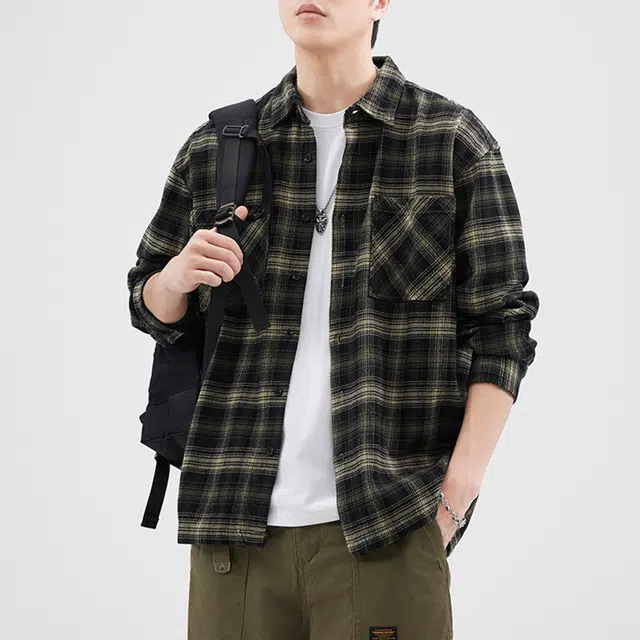 瑞梵帝斯 日系复古宽松休闲亲肤舒适柔软透气时尚百搭耐脏耐磨潮牌重磅水洗纯棉格子设计长袖衬衫 男款