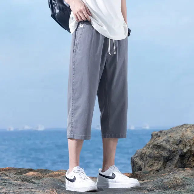 瑞梵帝斯 美式潮牌薄款速干凉感抽绳健身跑步宽松柔软户外运动吸汗透气弹力松紧中腰直筒七分裤休闲短裤 男款