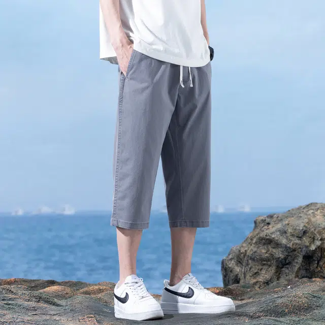 瑞梵帝斯 美式潮牌薄款速干凉感抽绳健身跑步宽松柔软户外运动吸汗透气弹力松紧中腰直筒七分裤休闲短裤 男款