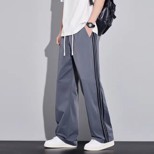 瑞梵帝斯 美式日常时尚高街风百搭三条杠设计潮牌潮流痞帅宽松柔软亲肤水洗直筒阔腿裤休闲裤 男款