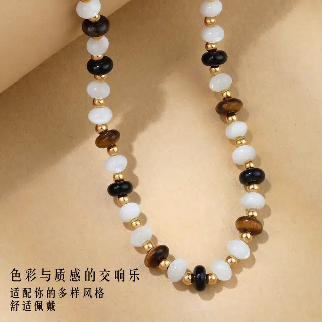 六福珠宝 【吸金旺事业】设计感轻奢时尚美拉德风木变石玛瑙混搭个性锁骨链不规则串珠链#好运天然 虎眼石 项链 女款