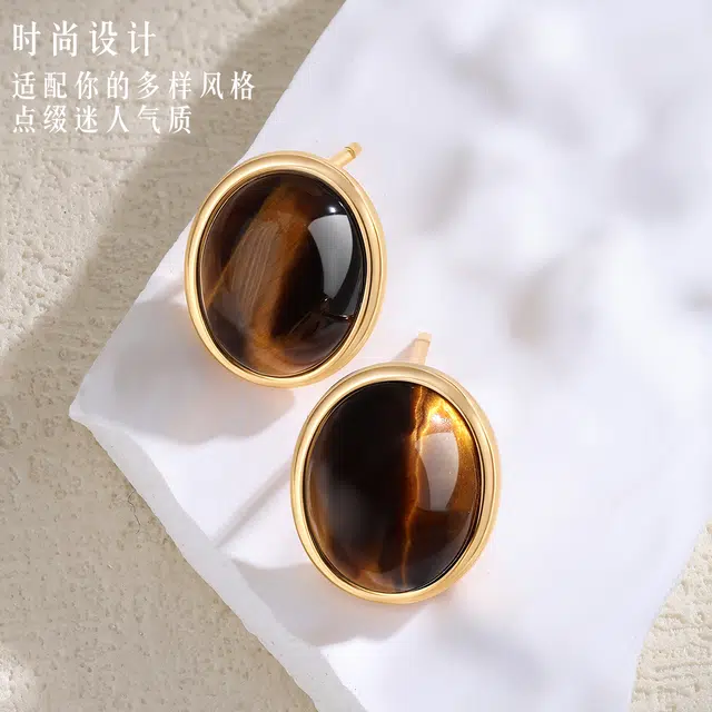 六福珠宝 复古风简约椭圆形经典大气木变石银耳饰 虎眼石 玉石耳钉 女款