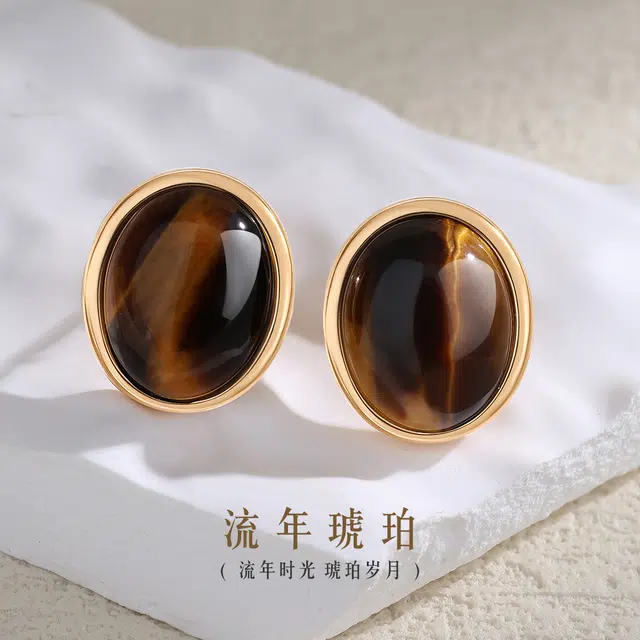 六福珠宝 复古风简约椭圆形经典大气木变石银耳饰 虎眼石 玉石耳钉 女款