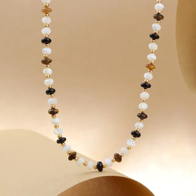 六福珠宝 【吸金旺事业】设计感轻奢时尚美拉德风木变石玛瑙混搭个性锁骨链不规则串珠链#好运天然 虎眼石 项链 女款