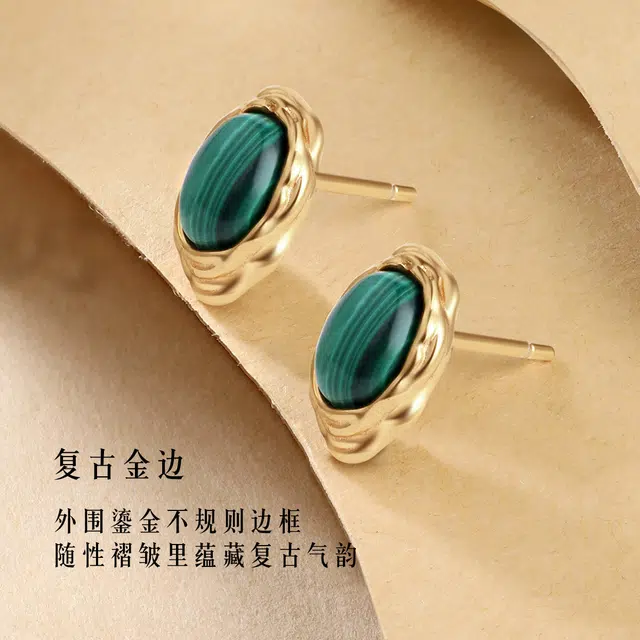 六福珠宝 【时来运转】新中式国潮复古花边耳饰轻奢高级感设计优雅气质显白养耳洞#好运 孔雀石 耳钉 女款