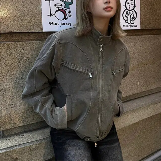 寻星记 美式复古水洗短款立领情侣风哈灵顿夹克牛仔外套 男女同款