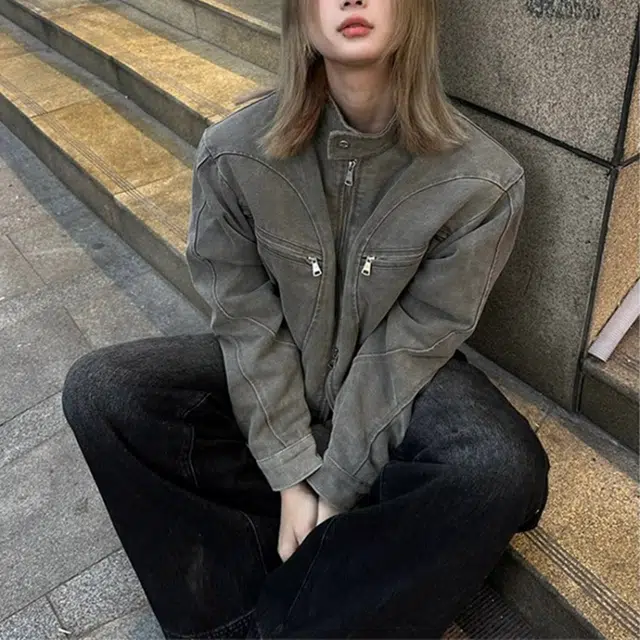 寻星记 美式复古水洗短款立领情侣风哈灵顿夹克牛仔外套 男女同款