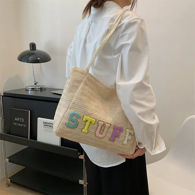 北包包 大容量网红女潮编织单肩女包撞色时尚草编通勤 编织 托特包 女款 白色