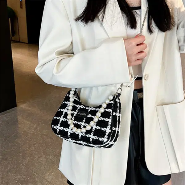 北包包 链条包高级质感小包女潮流小众 呢子 斜挎包 女款 米白色/黑色