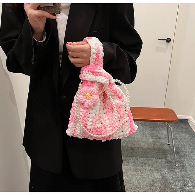 北包包 高级感针织百搭编织手提包珍珠链条斜挎包 毛绒 单肩包 女款 多色