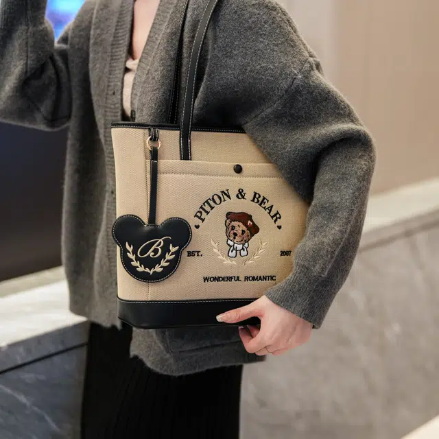 北包包 韩版时尚百搭复古简约撞色托特包手提包 帆布 帆布包单肩包 常规 女款 米白色/卡其色