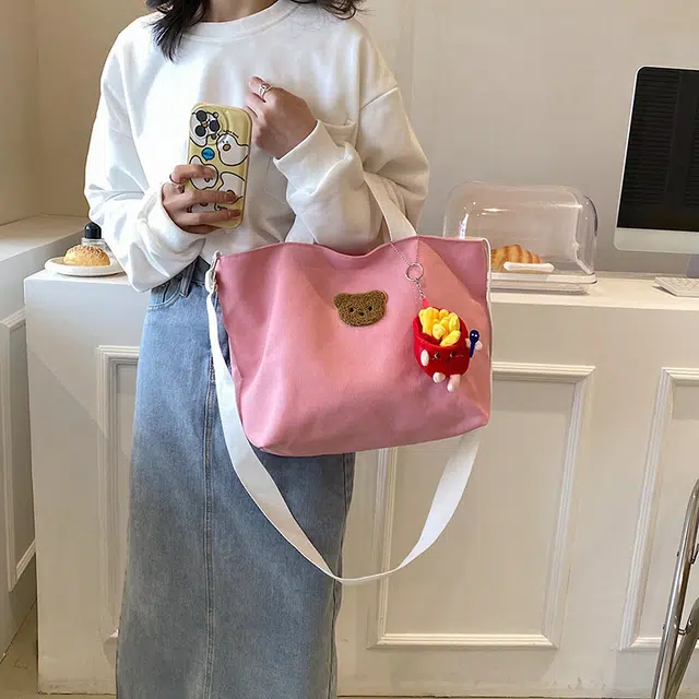 爱尔绅特 可爱手提袋卡通简约撞色 帆布 手提斜挎单肩包 女款 白色/黑色/粉红色/棕色