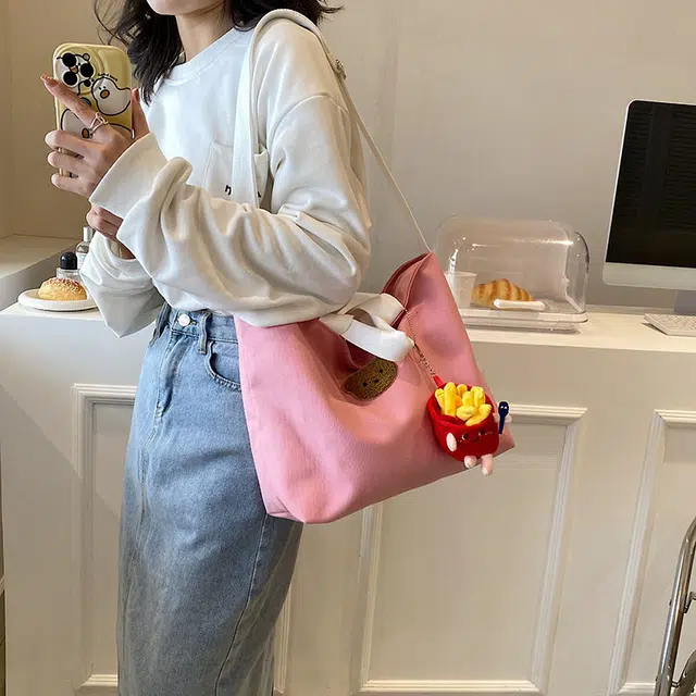 爱尔绅特 可爱手提袋卡通简约撞色 帆布 手提斜挎单肩包 女款 白色/黑色/粉红色/棕色