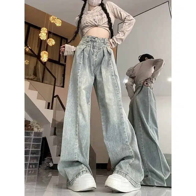 依钗 复古高腰阔腿薄款垂感褶皱拖地裤牛仔裤 女款