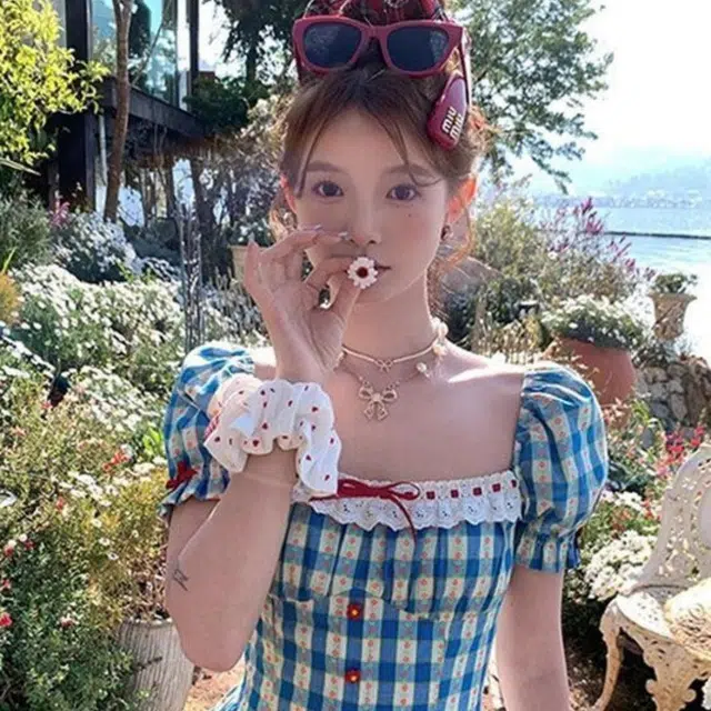 柏黛妃 法式甜美森系碎花田园格纹显瘦短款花苞裙短袖连衣裙 女款