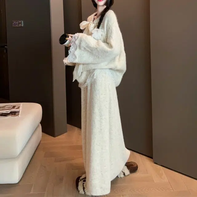 柏黛妃 轻盈优雅甜美舒适简约设计百搭休闲针织材质半身裙两件法式蝴蝶结高级感软糯时尚别致好看毛衣+轻裙装套装 女款