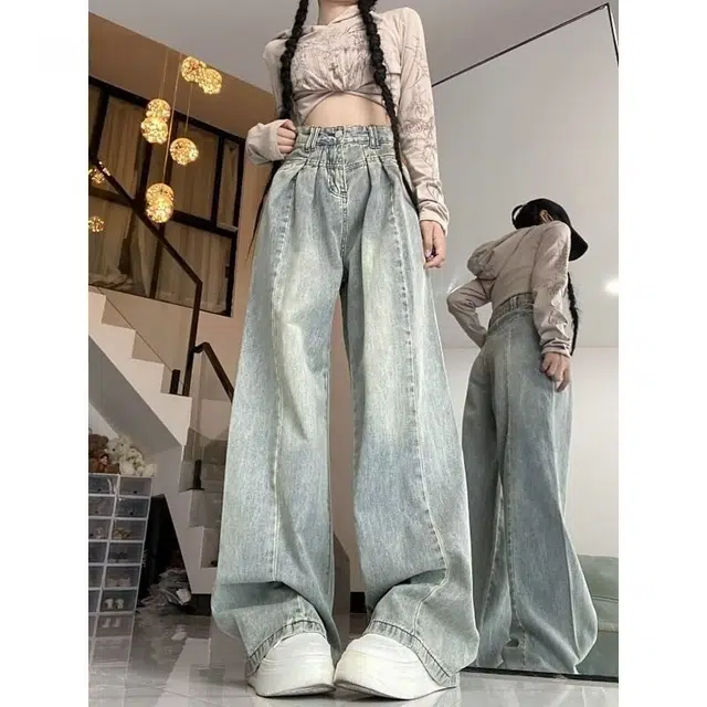 依钗 复古高腰阔腿薄款垂感褶皱拖地裤牛仔裤 女款