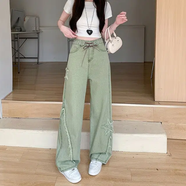 柏黛妃 高腰设计美式复古蝴蝶结牛仔裤 女款