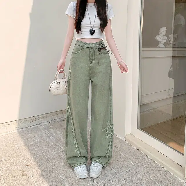柏黛妃 高腰设计美式复古蝴蝶结牛仔裤 女款